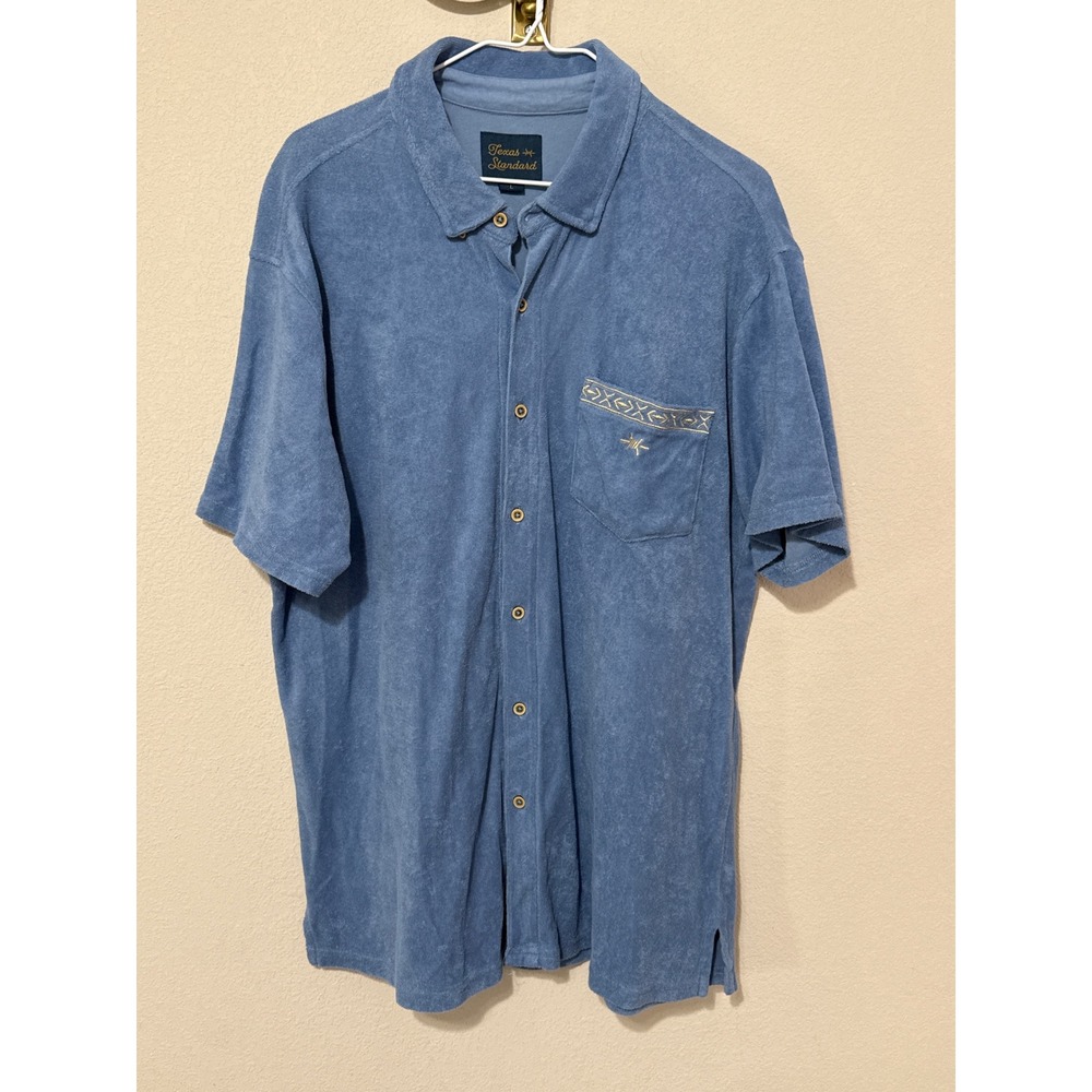 Texas Standard Terry Cloth Shirt Mens L Blue Short Sleeve Embroidered Pocket